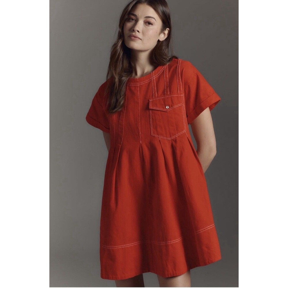 Pilcro Red 100% Cotton Woven Shift Dress Short Sleeve Pocket Zip Sz S
